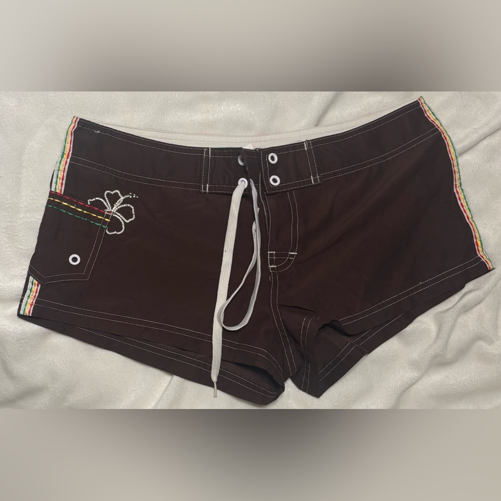 No Boundaries Brown Swim Coverup Shorts with White Drawstring